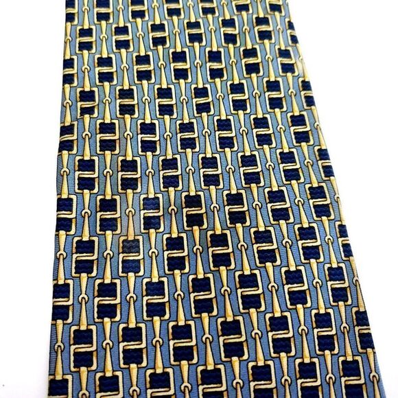 Paolo Gucci Blue Yellow Silk Tie Woven‎ Geometric "Chain" Print - Picture 2 of 7